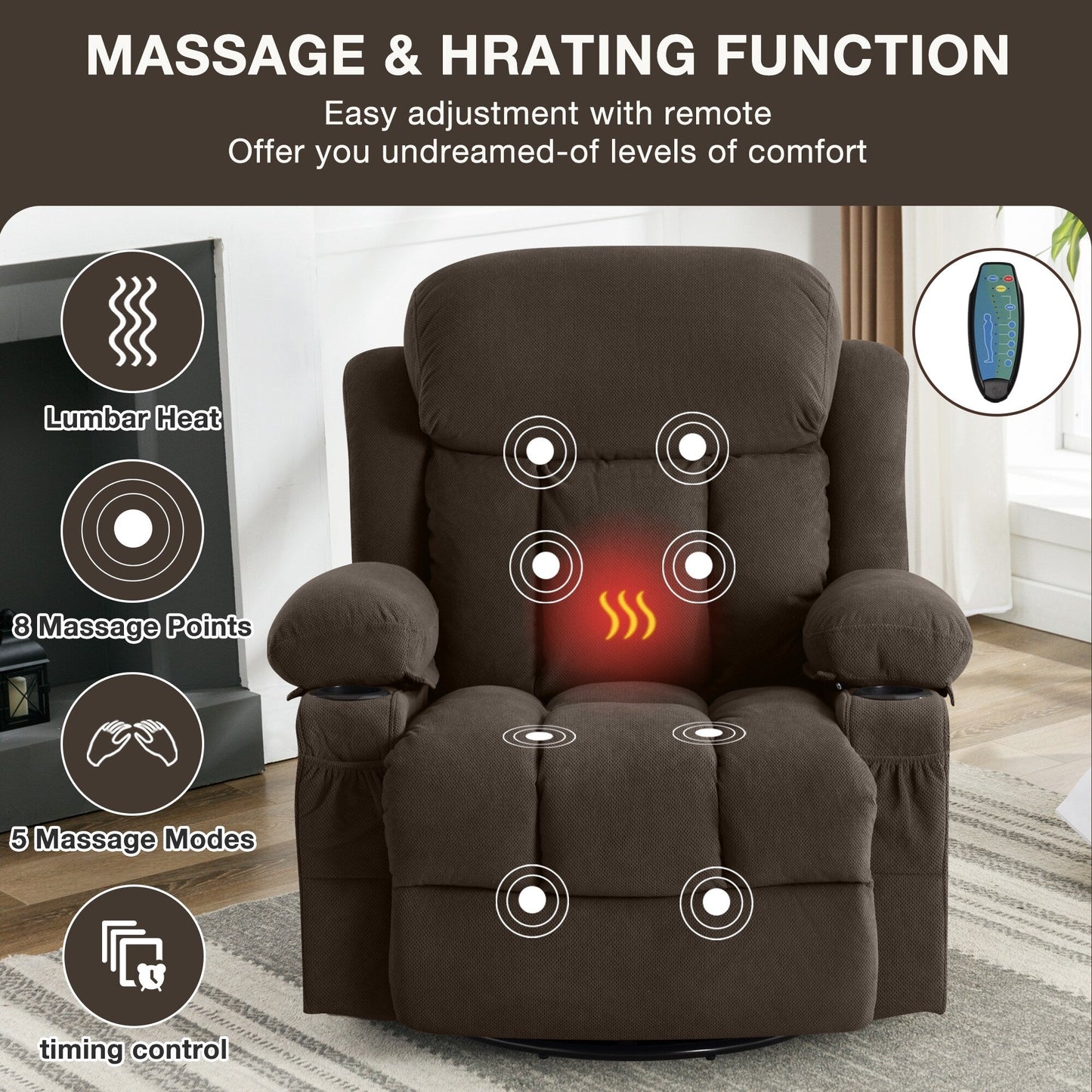 Dotted Velvet Massage Heated Manual Recliner Chair w/360° Swivel Base