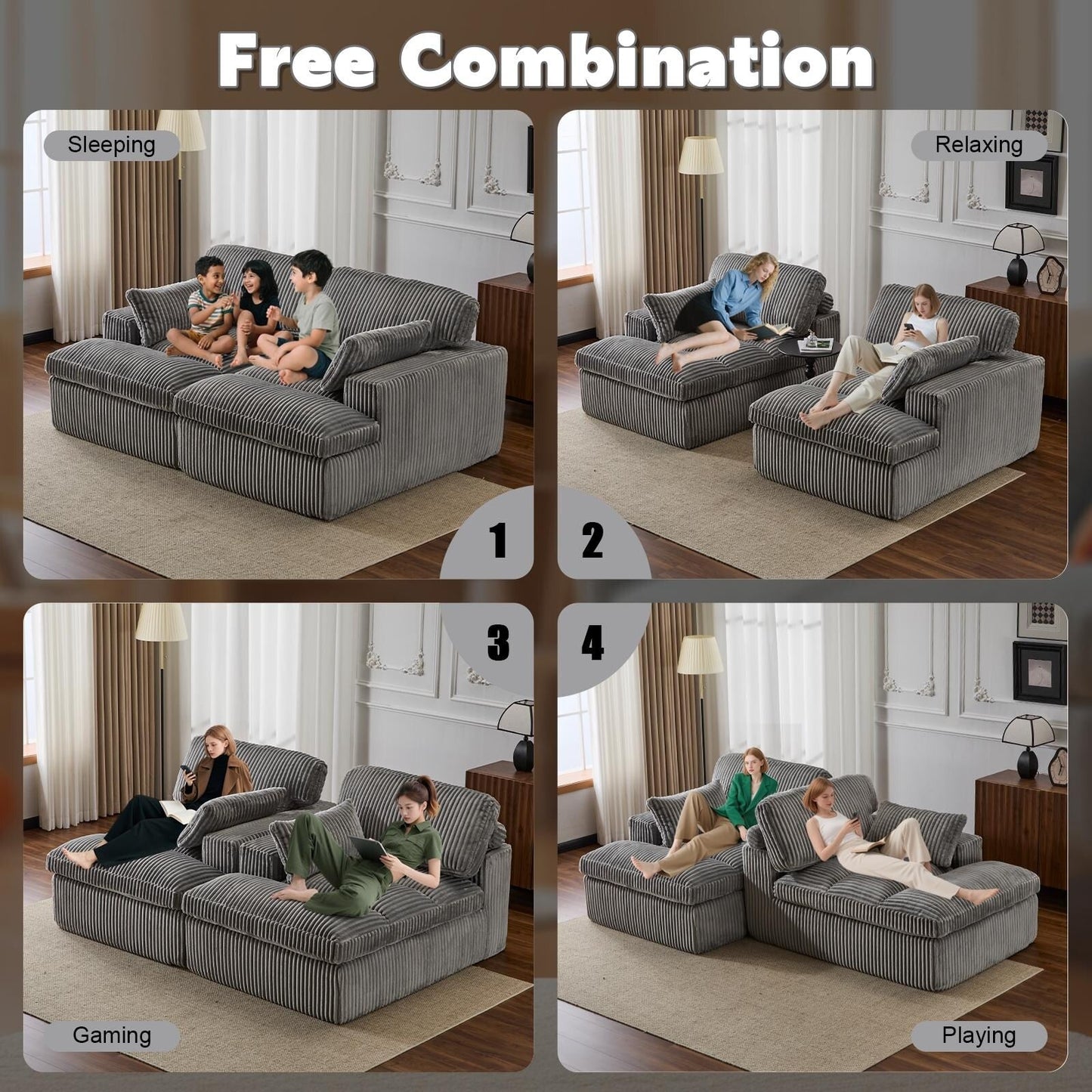 Double Chaise Lounge Chair Indoor Oversized Upholstered Sleeper Sofa Bed Sectional Chaise Corduroy Living Room Chair No Assembly