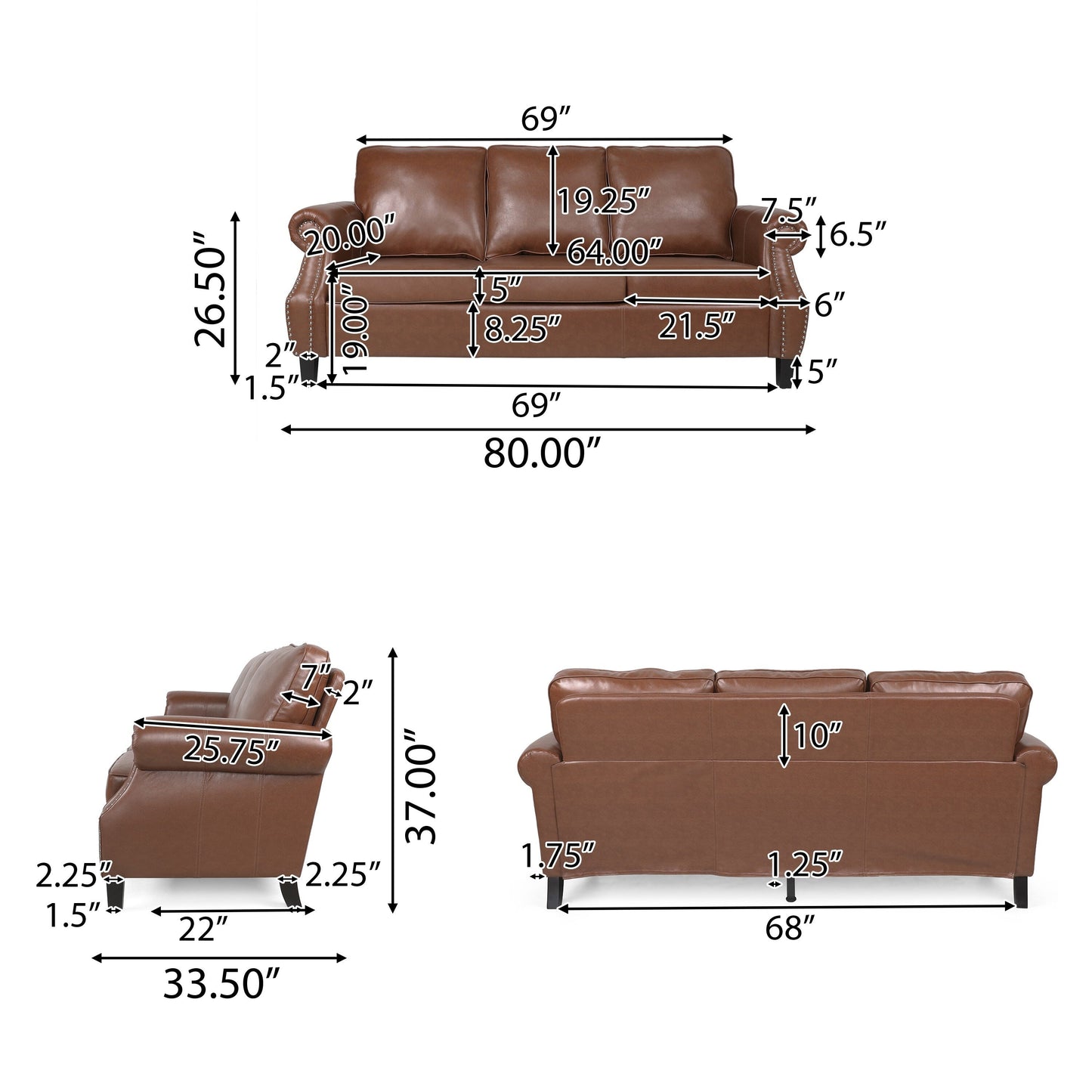 Dowd Faux Leather 3 Seater Sofa with Nailhead Trim by Christopher Knight Home