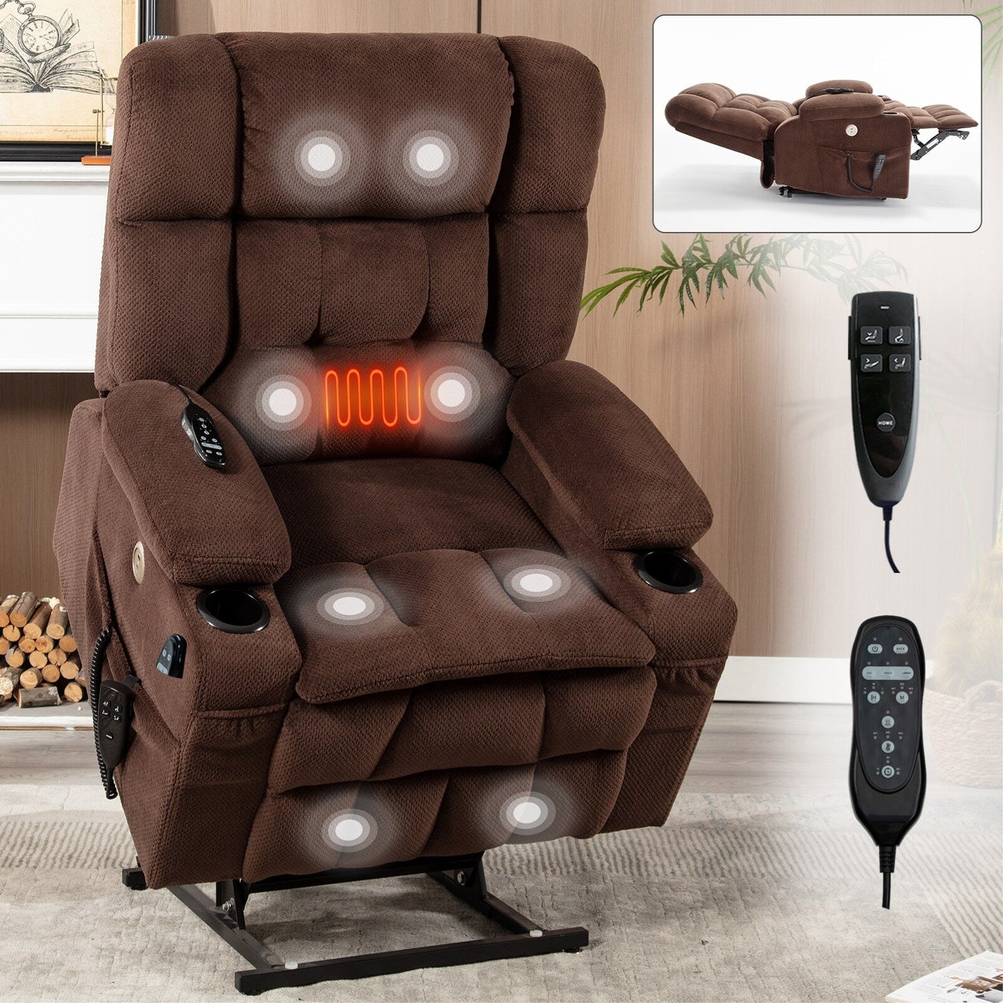 Dual Motor Chenille Power Lift Recliner Chair for Elderly, Lazy Boy Lving Room Sofa with Massage, Heating and Dual Cup Holders