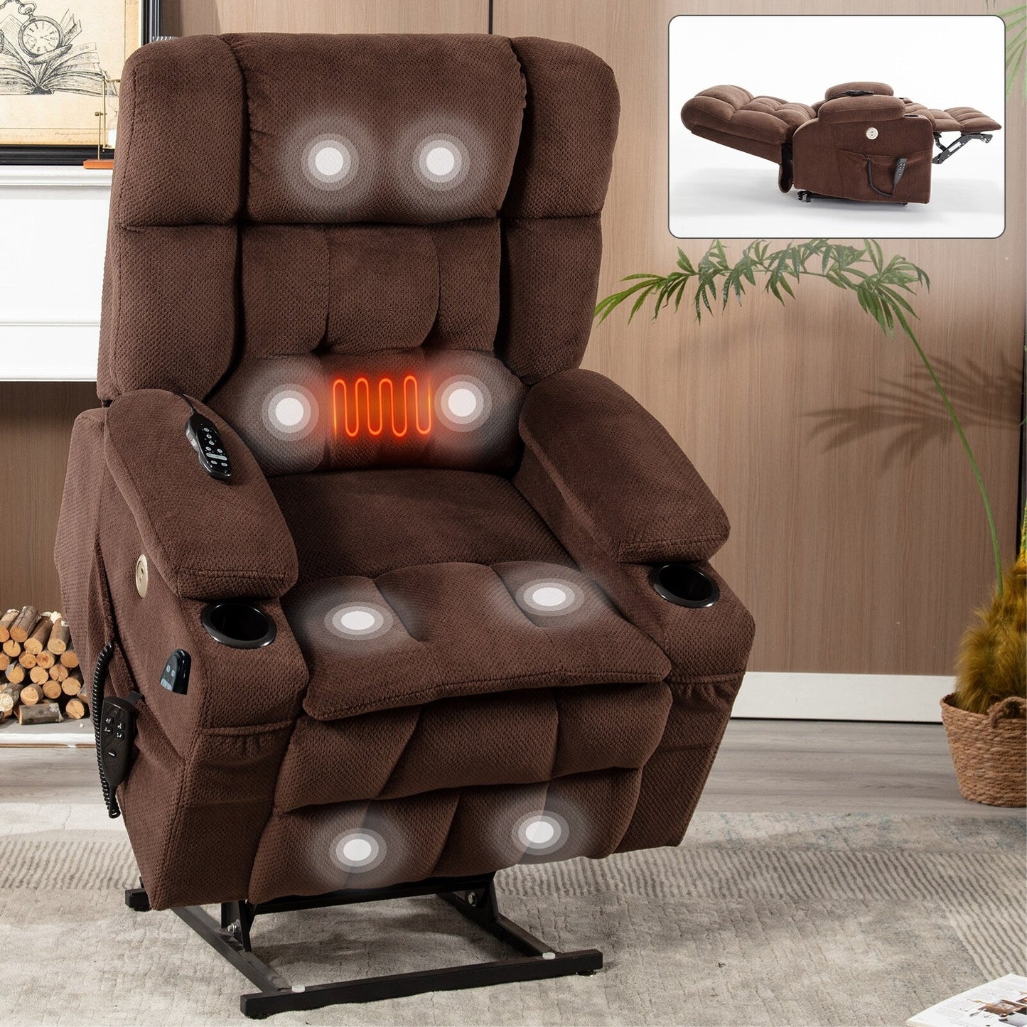 Dual Motor Chenille Power Lift Recliner Chair for Elderly, Lazy Boy Lving Room Sofa with Massage, Heating and Dual Cup Holders
