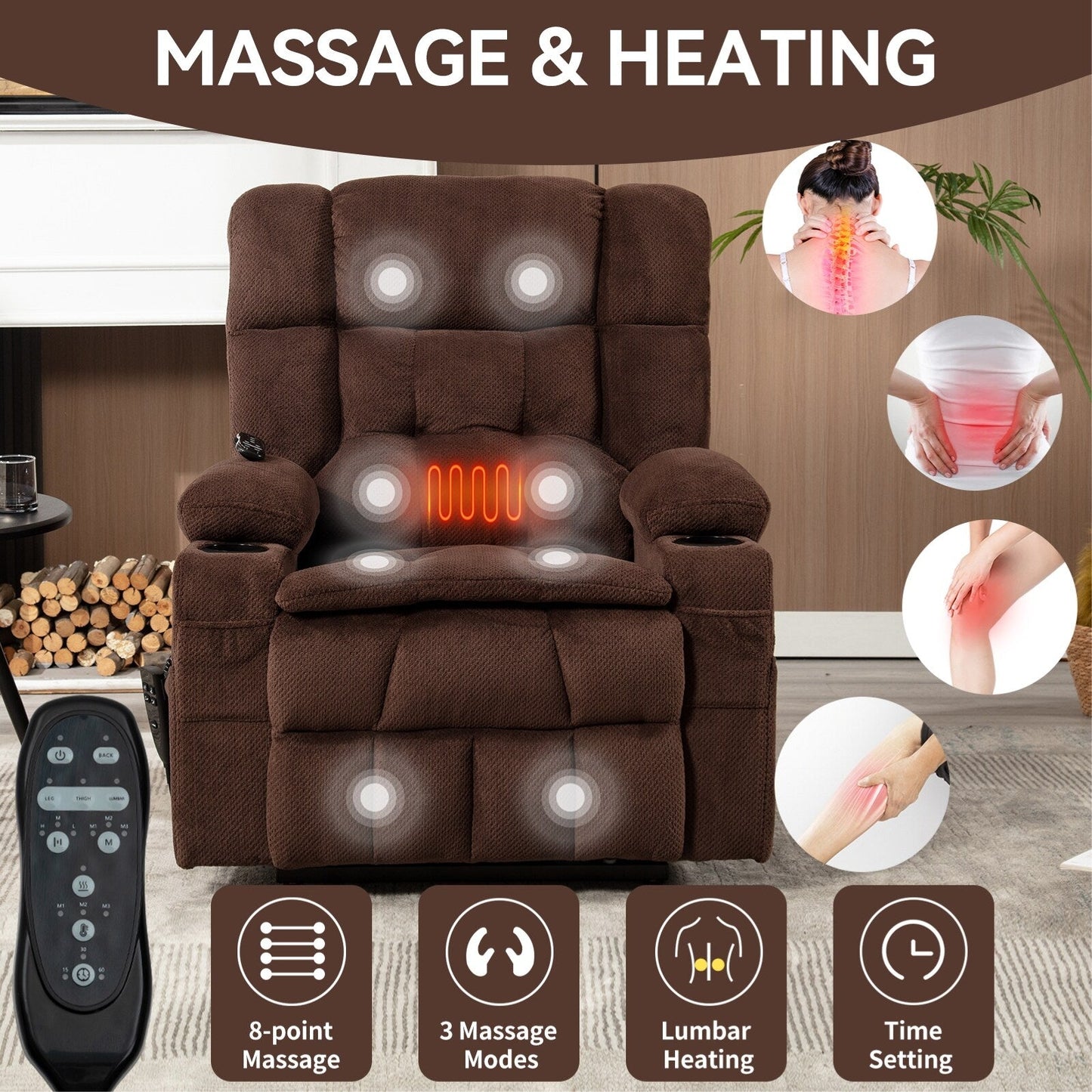 Dual Motor Chenille Power Lift Recliner Chair for Elderly, Lazy Boy Lving Room Sofa with Massage, Heating and Dual Cup Holders