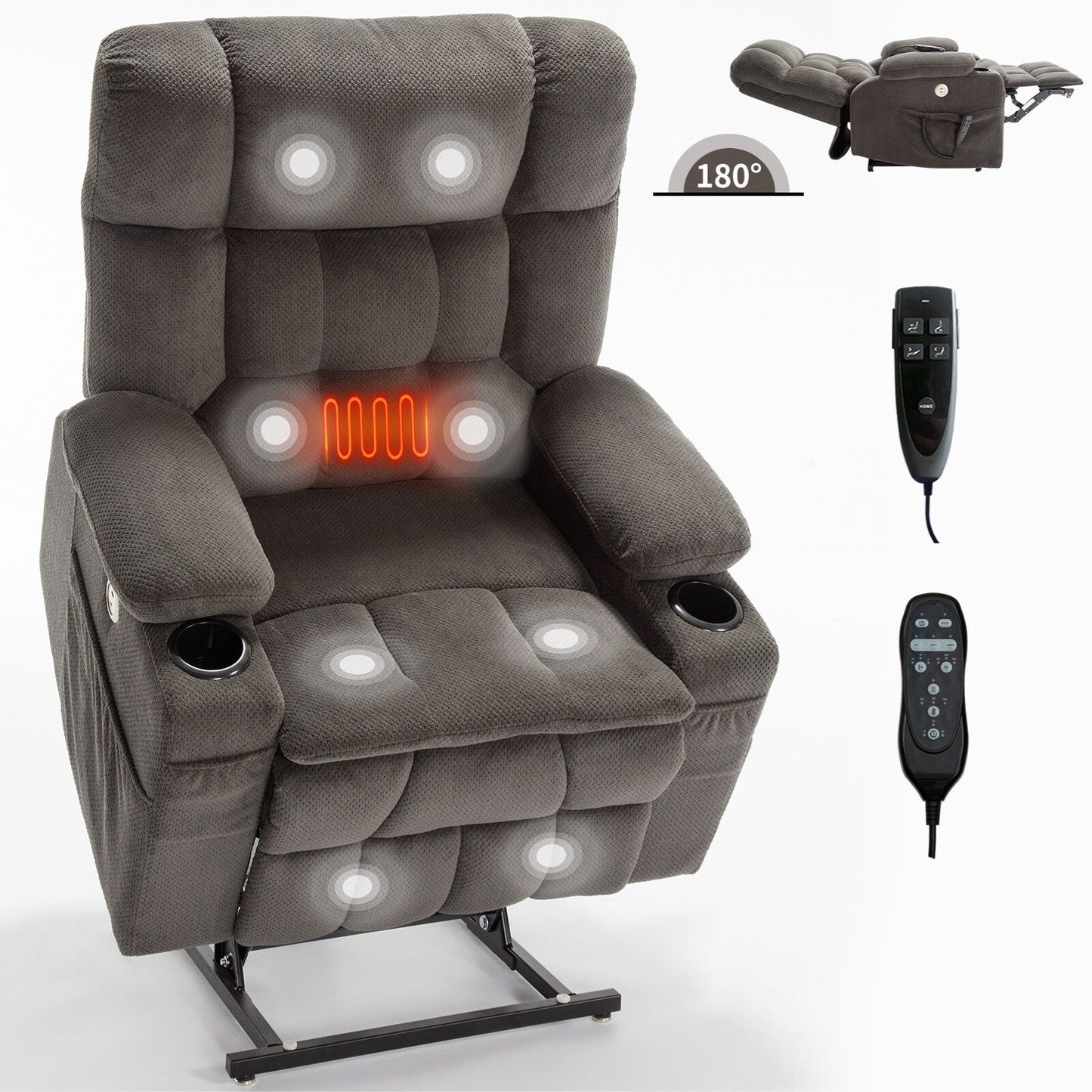 Dual Motor Chenille Power Lift Recliner Chair for Elderly, Lazy Boy Lving Room Sofa with Massage, Heating and Dual Cup Holders