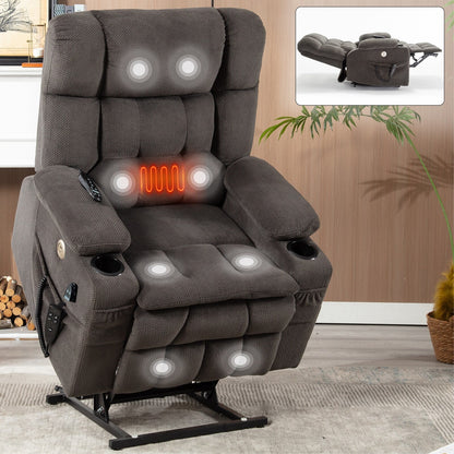 Dual Motor Chenille Power Lift Recliner Chair for Elderly, Lazy Boy Lving Room Sofa with Massage, Heating and Dual Cup Holders