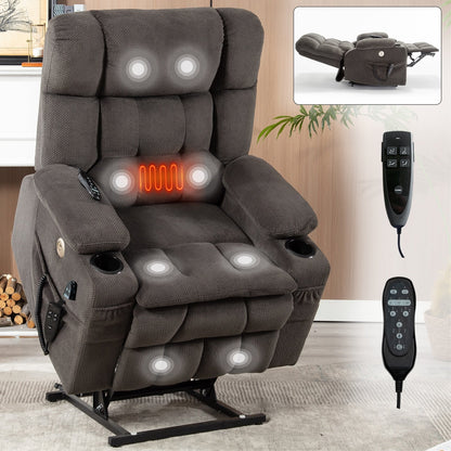 Dual Motor Chenille Power Lift Recliner Chair for Elderly, Lazy Boy Lving Room Sofa with Massage, Heating and Dual Cup Holders