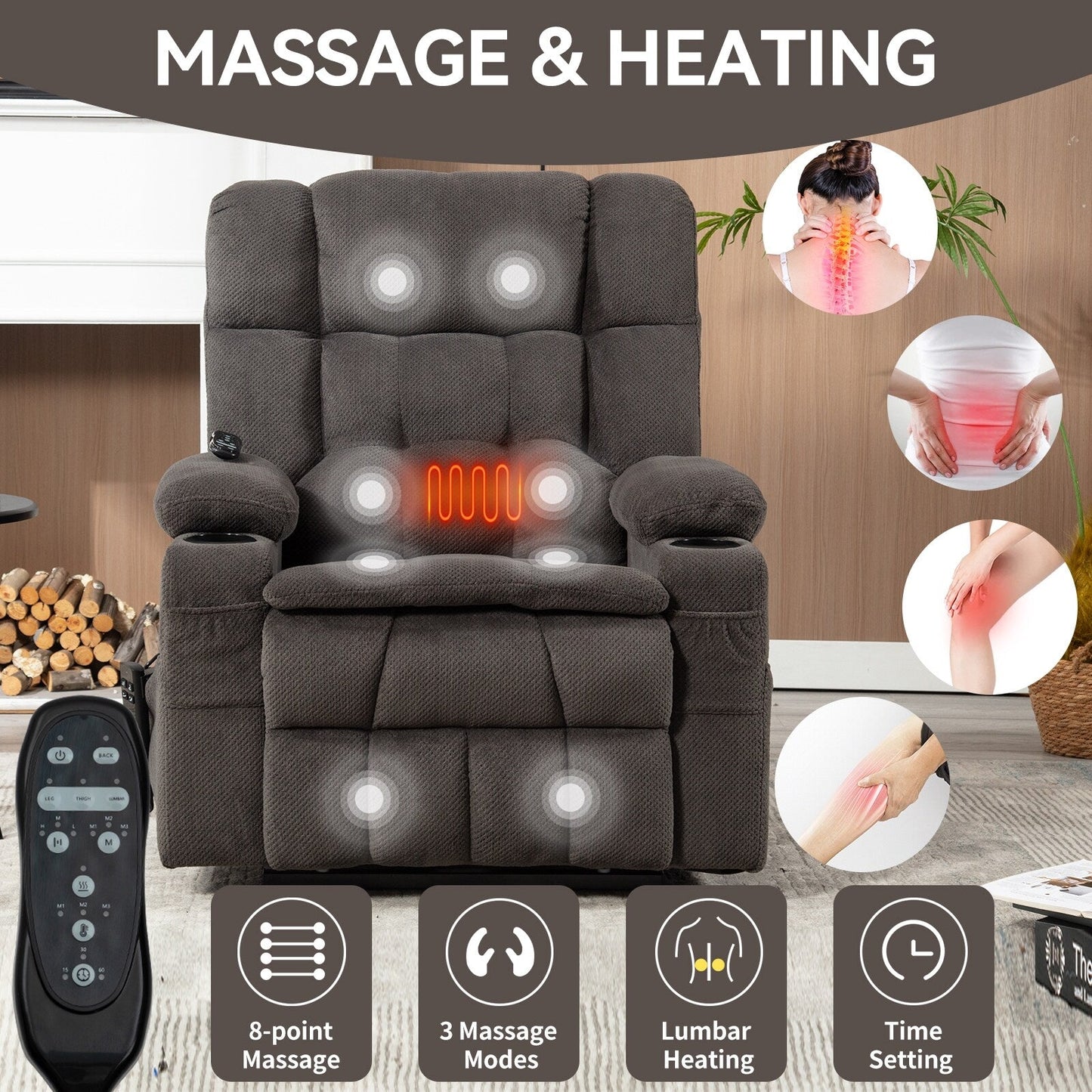 Dual Motor Chenille Power Lift Recliner Chair for Elderly, Lazy Boy Lving Room Sofa with Massage, Heating and Dual Cup Holders
