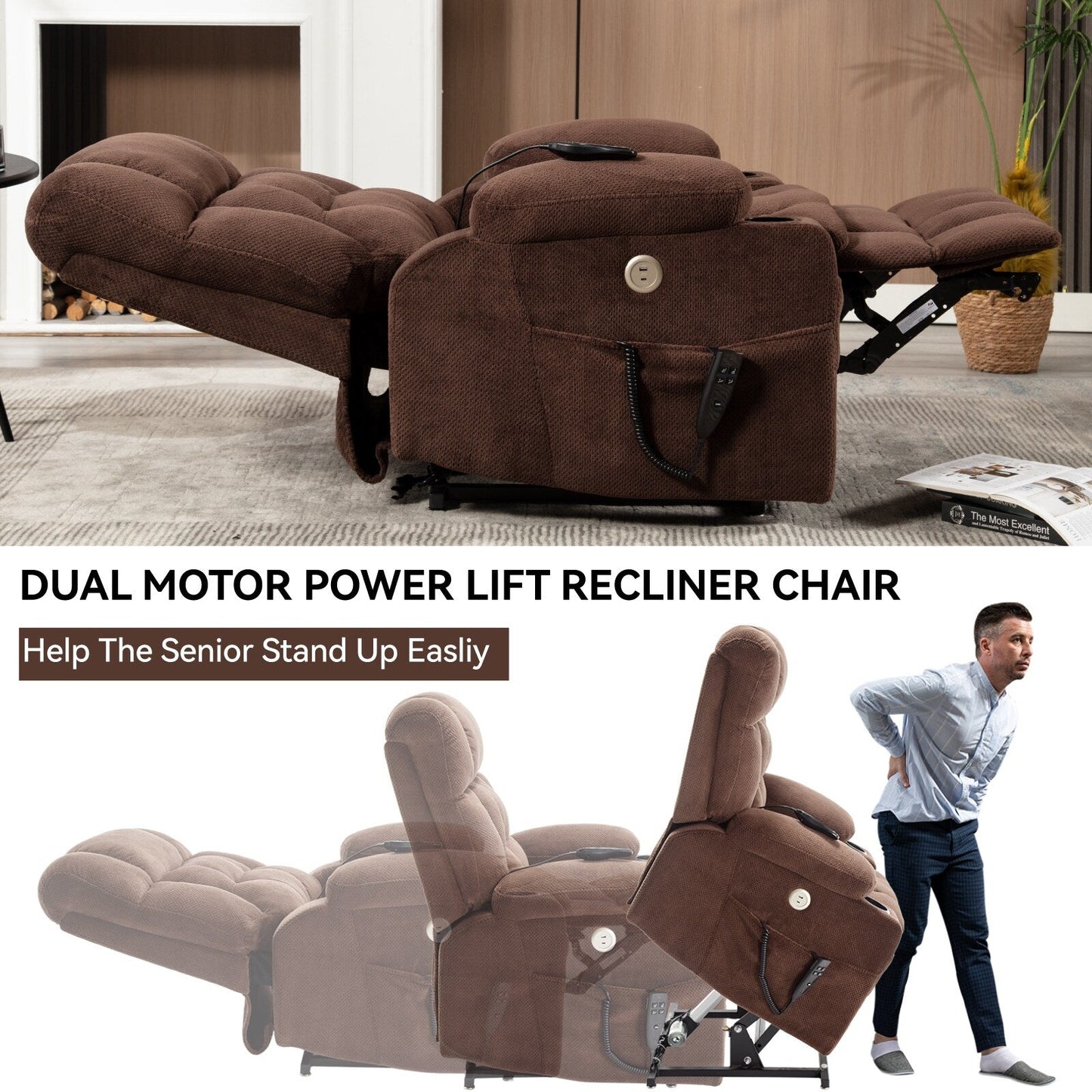 Dual Motor Chenille Power Lift Recliner Chair for Elderly, Lazy Boy Lving Room Sofa with Massage, Heating and Dual Cup Holders