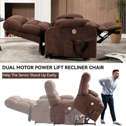 Dual Motor Chenille Power Lift Recliner Chair for Elderly, Lazy Boy Lving Room Sofa with Massage, Heating and Dual Cup Holders