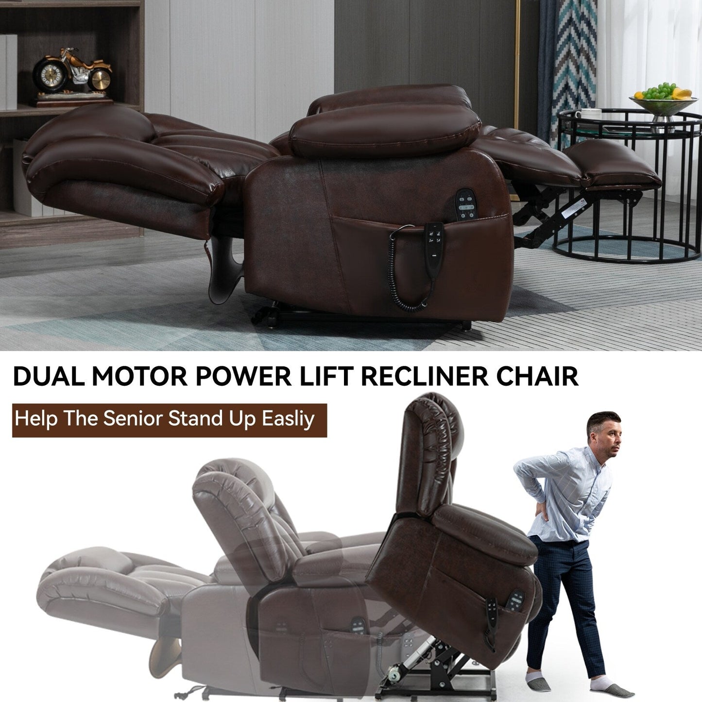 Dual Motor Electric Lift Recliner with 8-Point Massage, Lumbar Heat, and Genuine Leather Upholstery