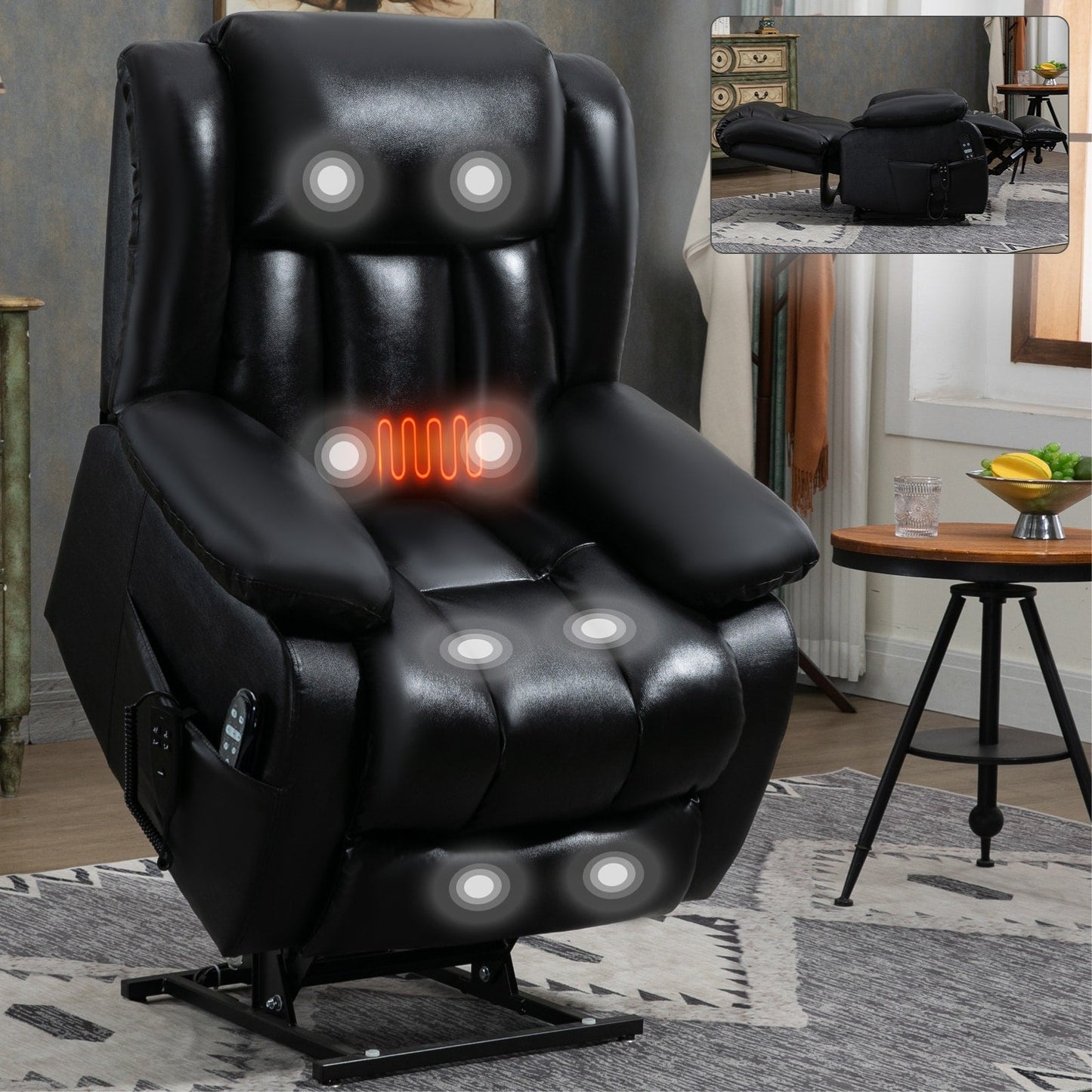 Dual Motor Electric Lift Recliner with 8-Point Massage, Lumbar Heat, and Genuine Leather Upholstery