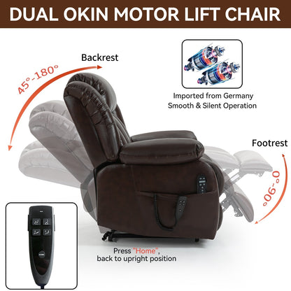 Dual Motor Electric Lift Recliner with 8-Point Massage, Lumbar Heat, and Genuine Leather Upholstery