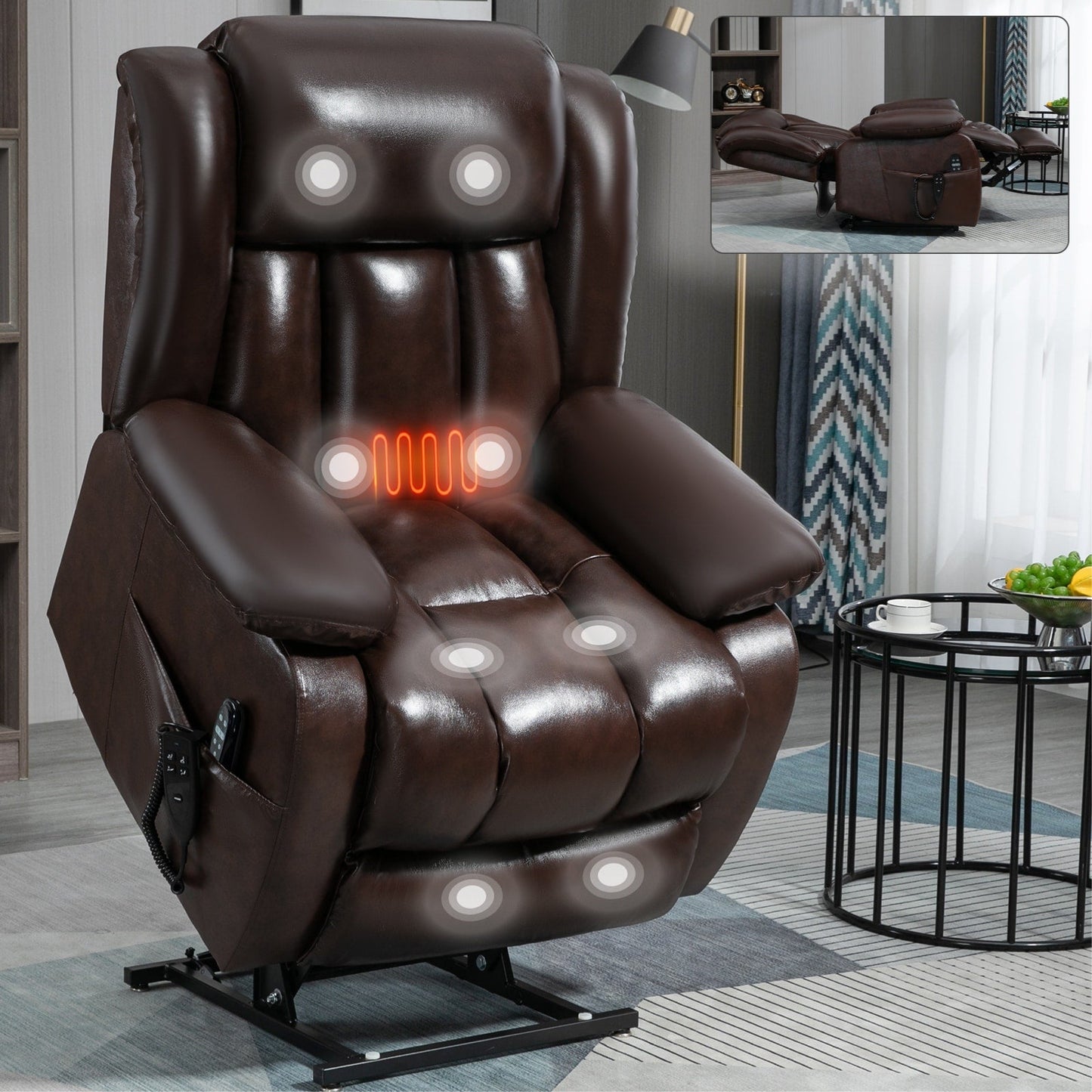 Dual Motor Electric Lift Recliner with 8-Point Massage, Lumbar Heat, and Genuine Leather Upholstery