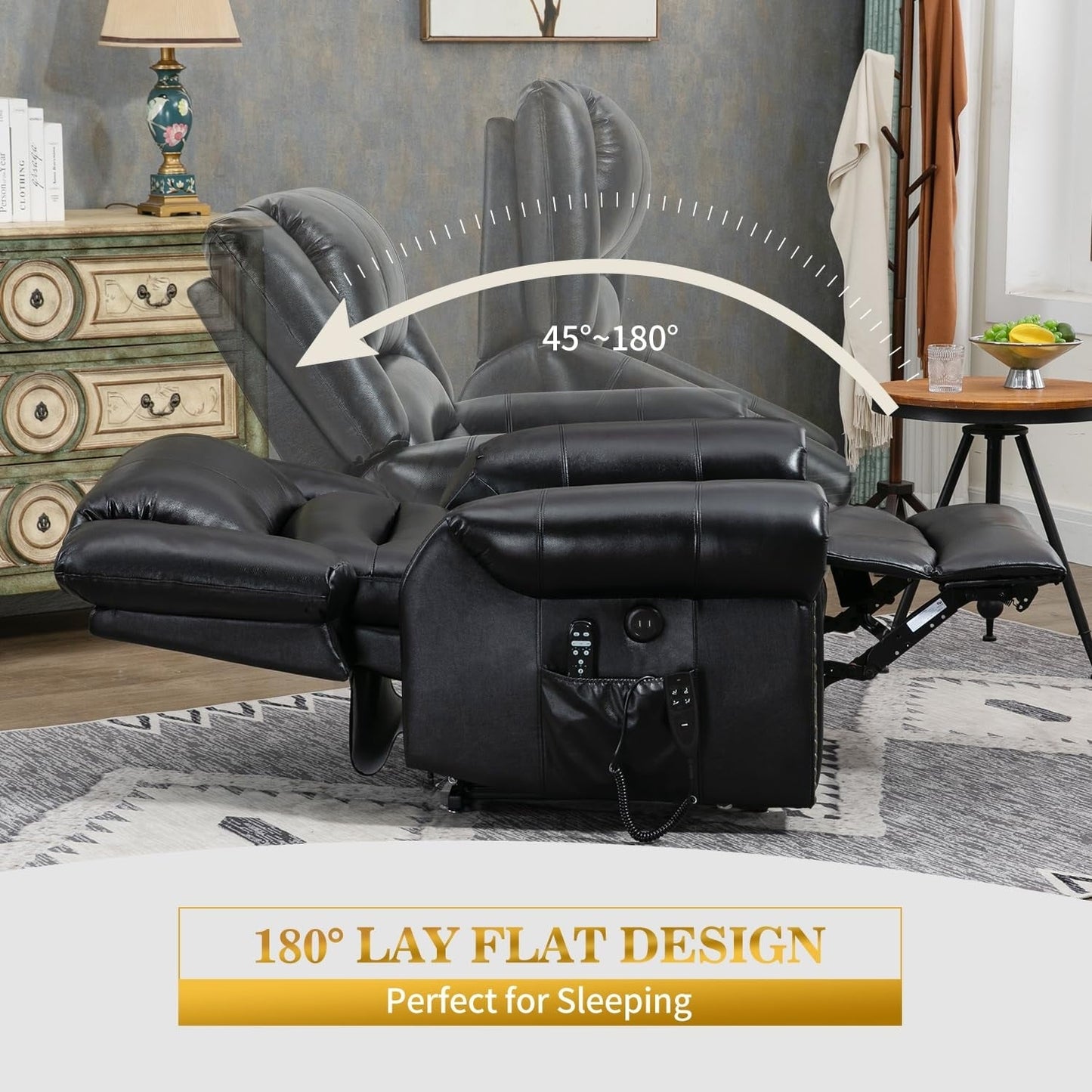 Dual Motor Genuine Leather Lift Recliners, Massage  Heat, USB Ports