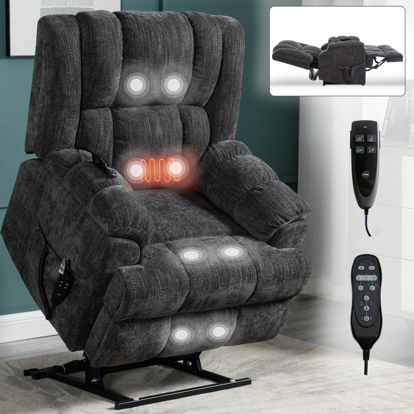 Dual Motor Heat Massage Infinite Position Up to 350 LBS Electric Power Lift Recliners with Power-Remote, Medium-firm
