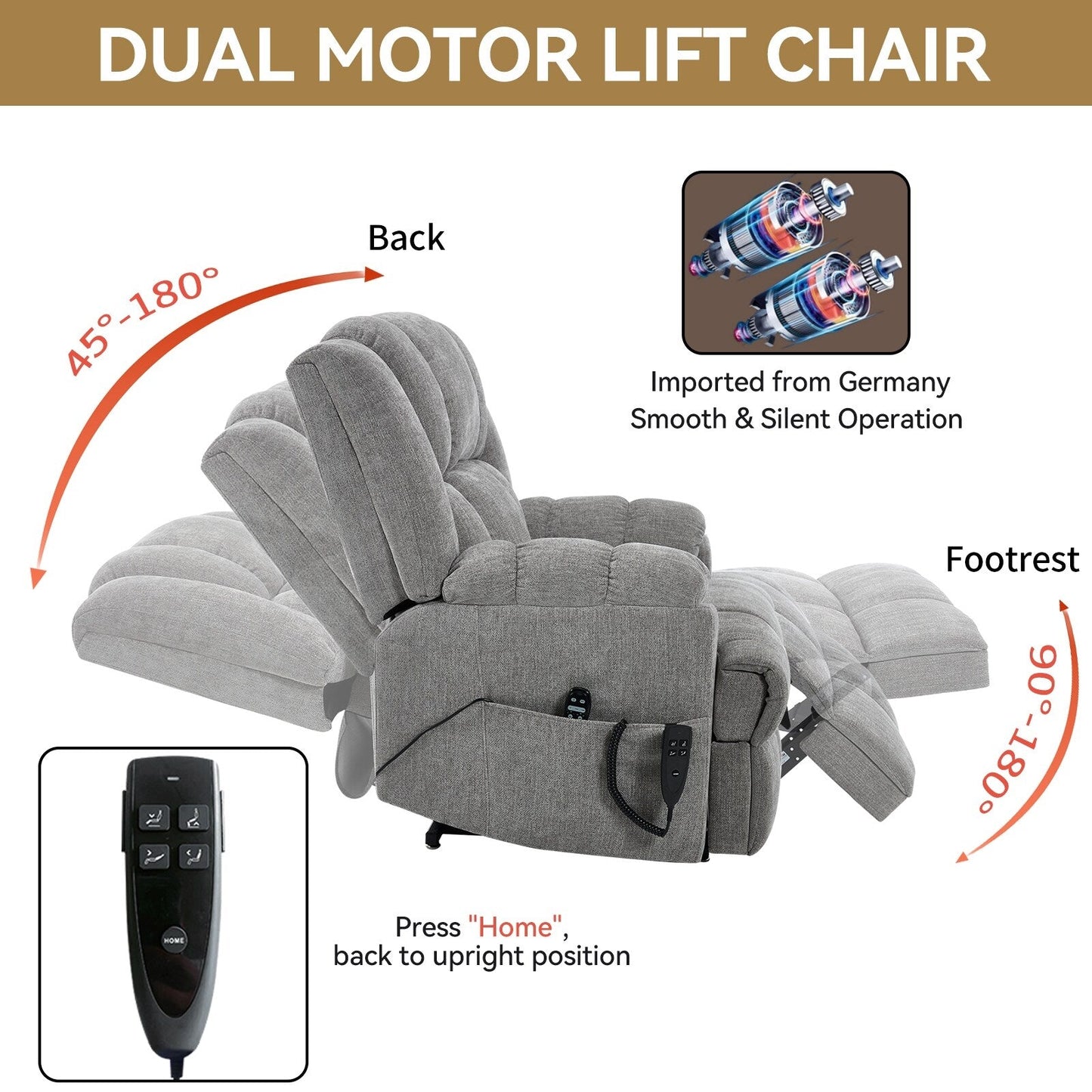 Dual Motor Heat Massage Infinite Position Up to 350 LBS Electric Power Lift Recliners with Power-Remote