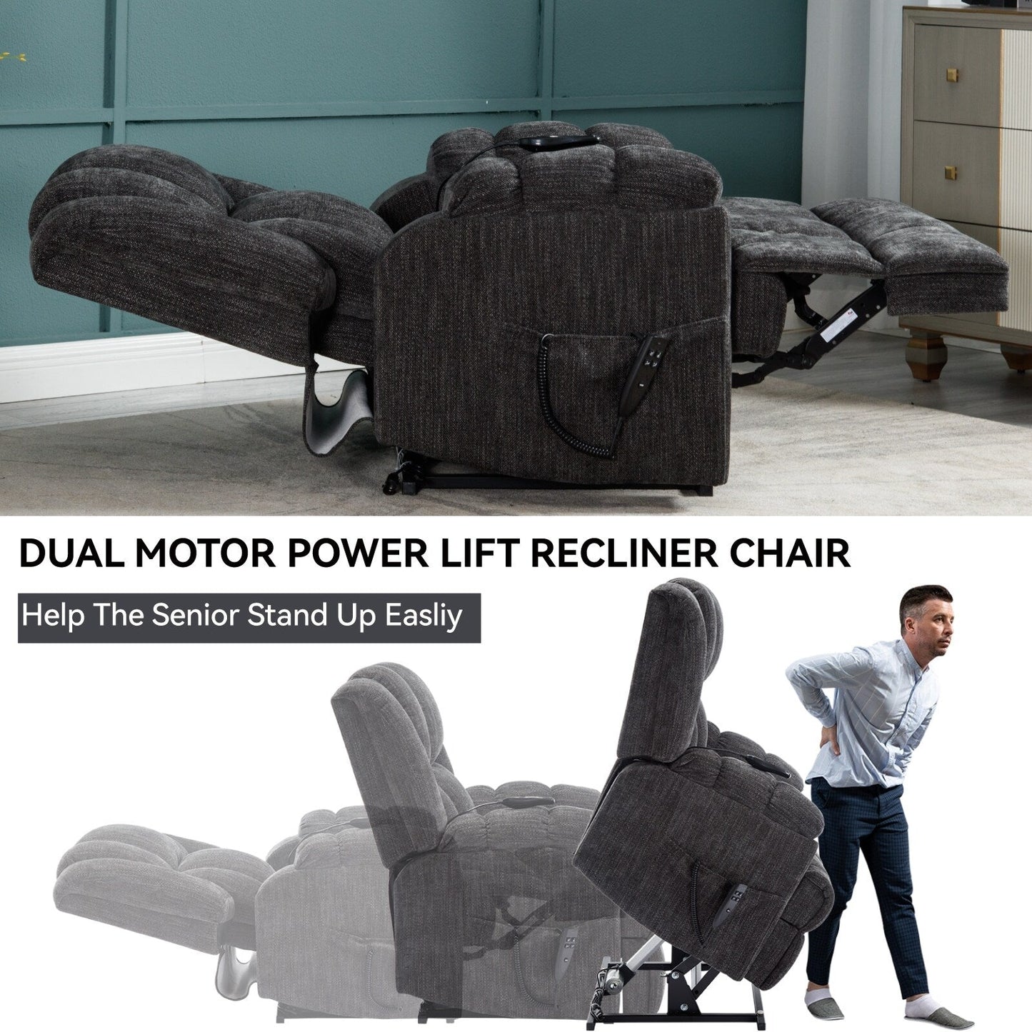 Dual Motor Heat Massage Power Lift Recliner Chair, Infinite Position