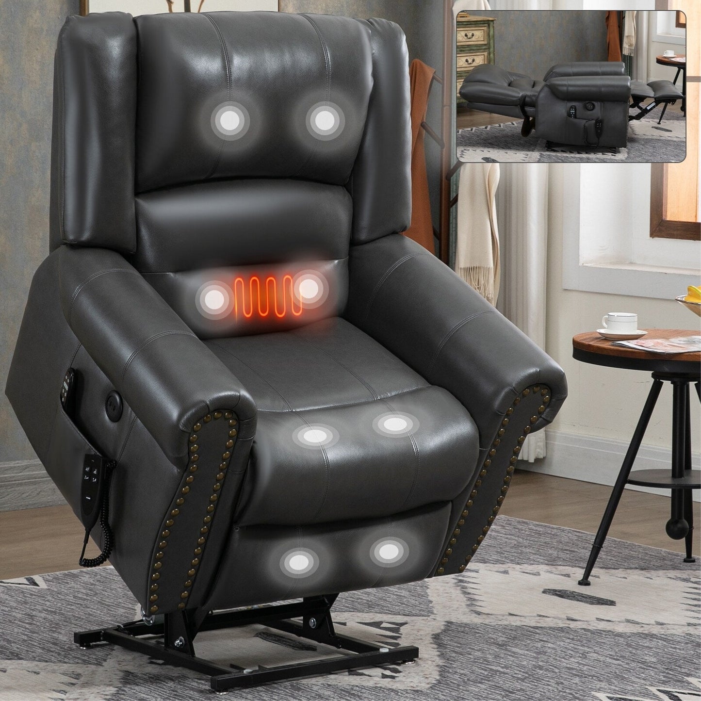 Dual Motor Infinite Position Power Lift Heat Massage Recliner Chair Heavy Duty Motion Mechanism with USB Ports and Side Pockets