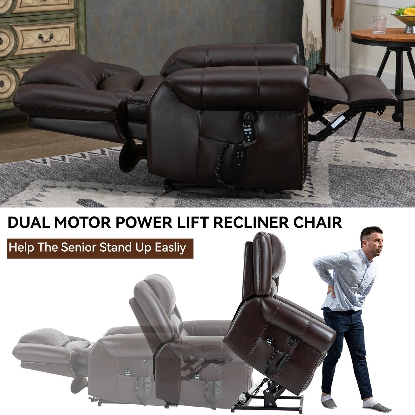 Dual Motor Infinite Position Power Lift Heat Massage Recliner Chair Heavy Duty Motion Mechanism with USB Ports and Side Pockets