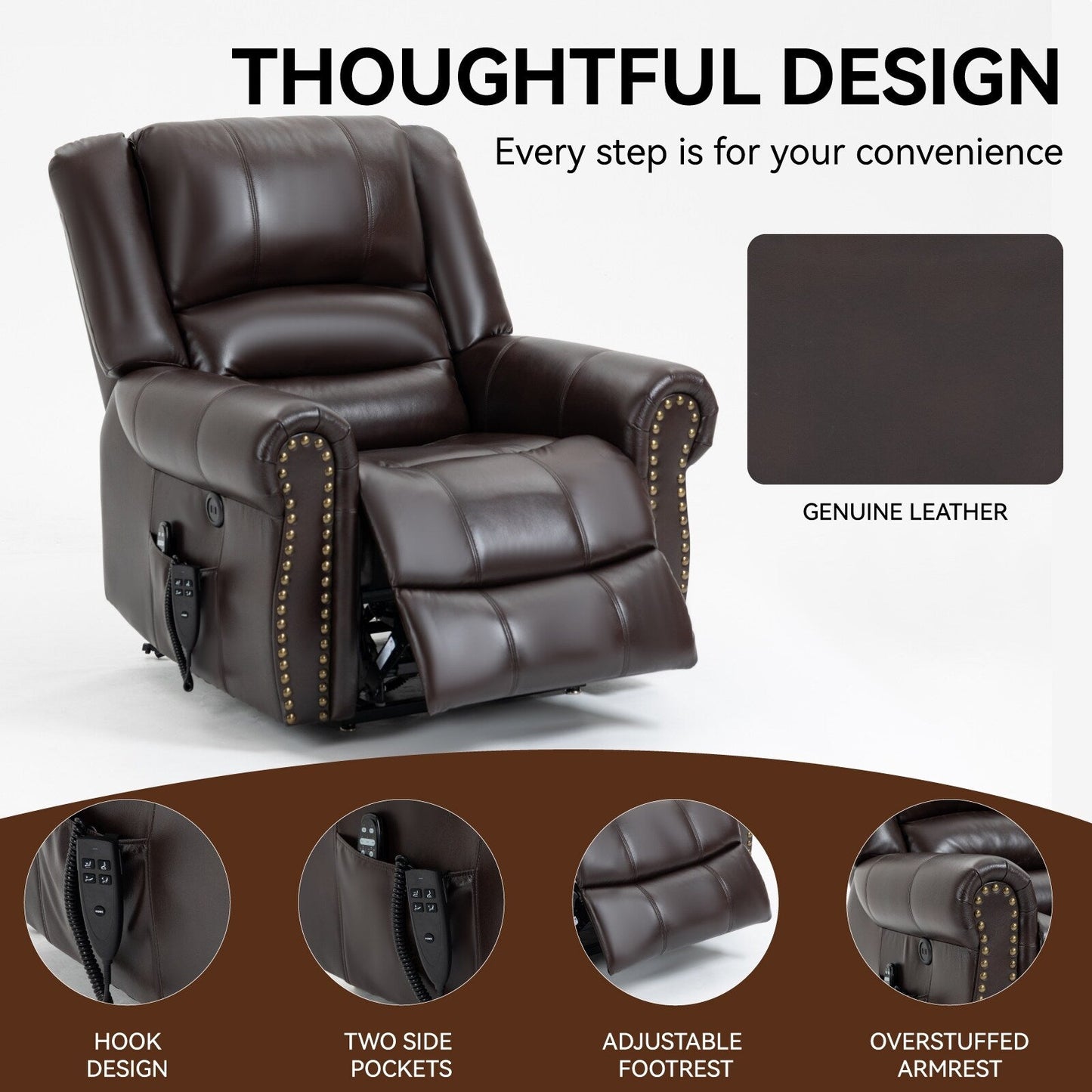 Dual Motor Infinite Position Power Lift Heat Massage Recliner Chair Heavy Duty Motion Mechanism with USB Ports and Side Pockets