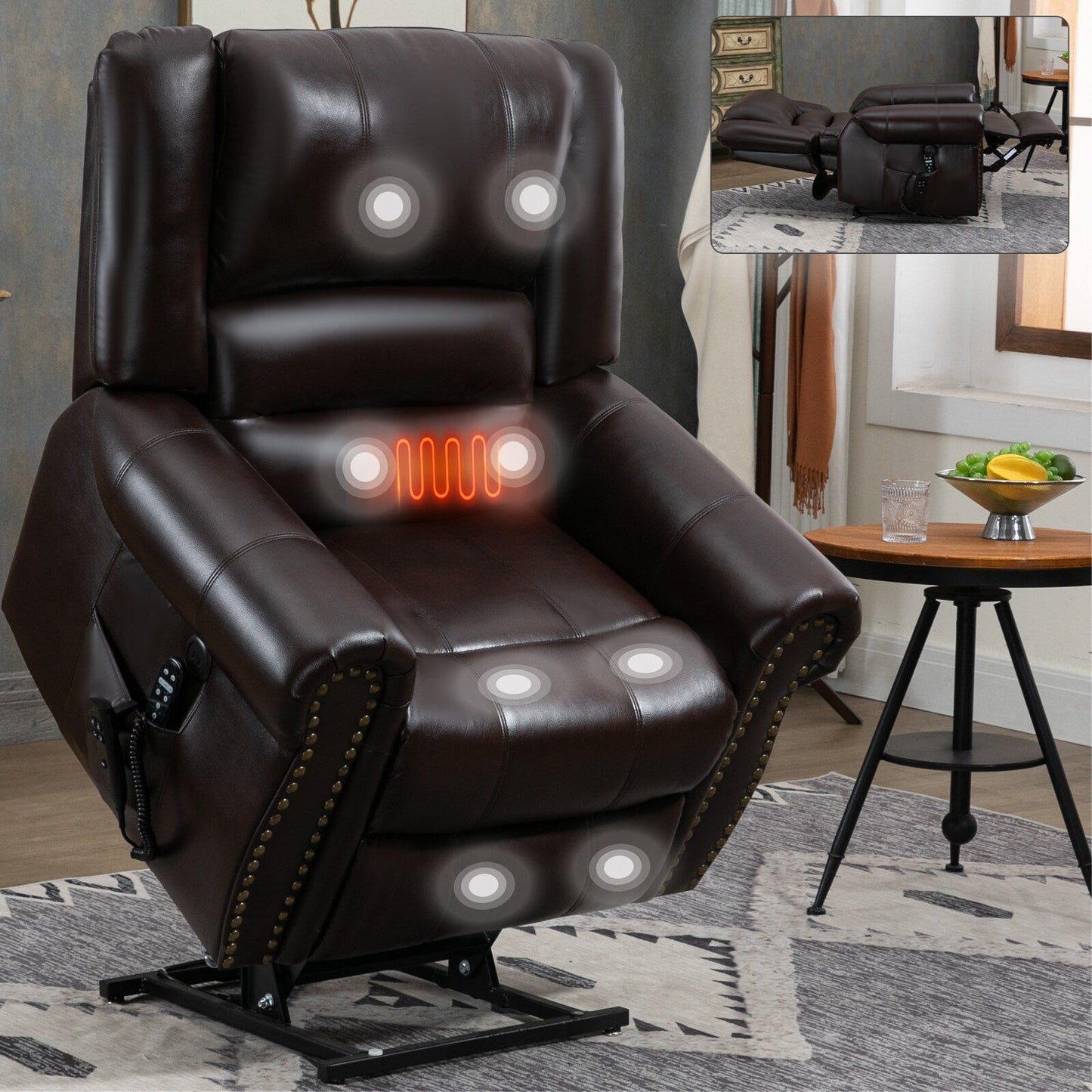 Dual Motor Infinite Position Power Lift Heat Massage Recliner Chair Heavy Duty Motion Mechanism with USB Ports and Side Pockets