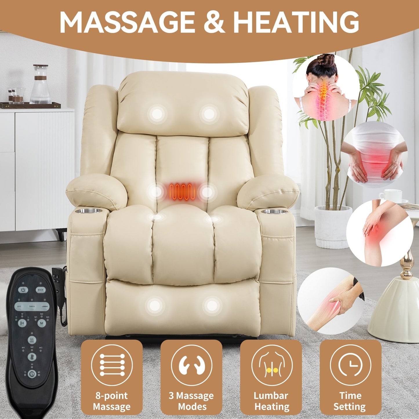 Dual Motor Infinite Position Power Lift Recliner Chair Heavy Duty Motion Mechanism with Massage and Lumbar Heating, Cup Holders
