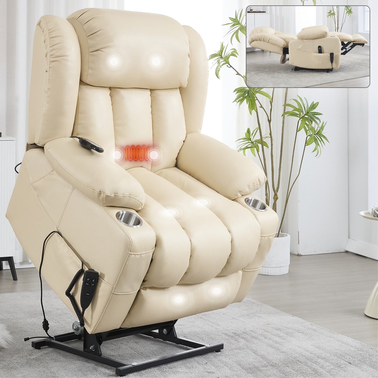 Dual Motor Infinite Position Power Lift Recliner Chair Heavy Duty Motion Mechanism with Massage and Lumbar Heating, Cup Holders