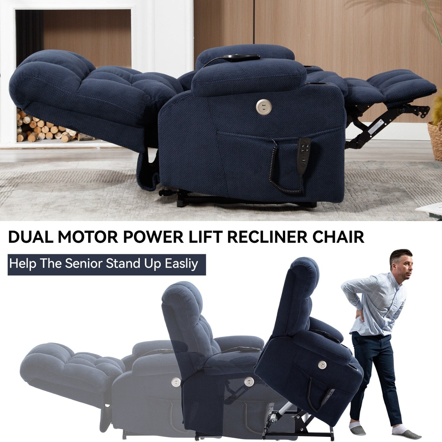 Dual Motor Infinite Position Power Lift Recliner Heavy Duty Motion Mechanism with Lumbar Heat, Cup Holders and Side Pockets
