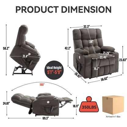 Dual Motor Infinite Position Power Lift Recliner Heavy Duty Motion Mechanism with Lumbar Heat, Cup Holders and Side Pockets