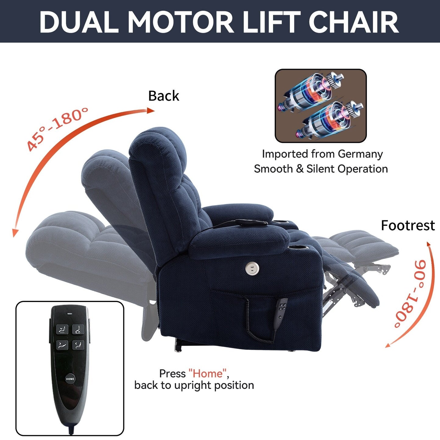 Dual Motor Infinite Position Power Lift Recliner Heavy Duty Motion Mechanism with Lumbar Heat, Cup Holders and Side Pockets