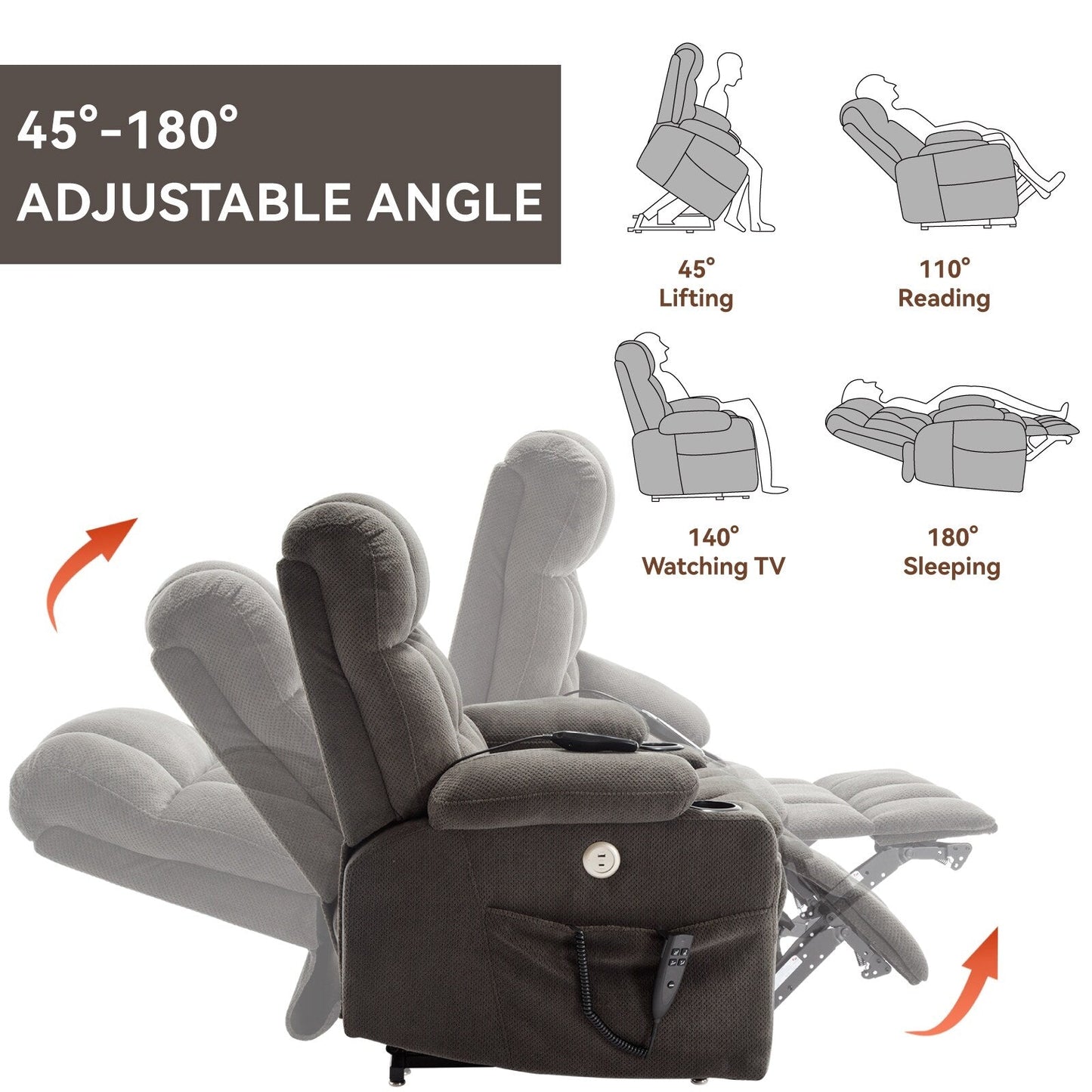 Dual Motor Infinite Position Power Lift Recliner Heavy Duty Motion Mechanism with Lumbar Heat, Cup Holders and Side Pockets