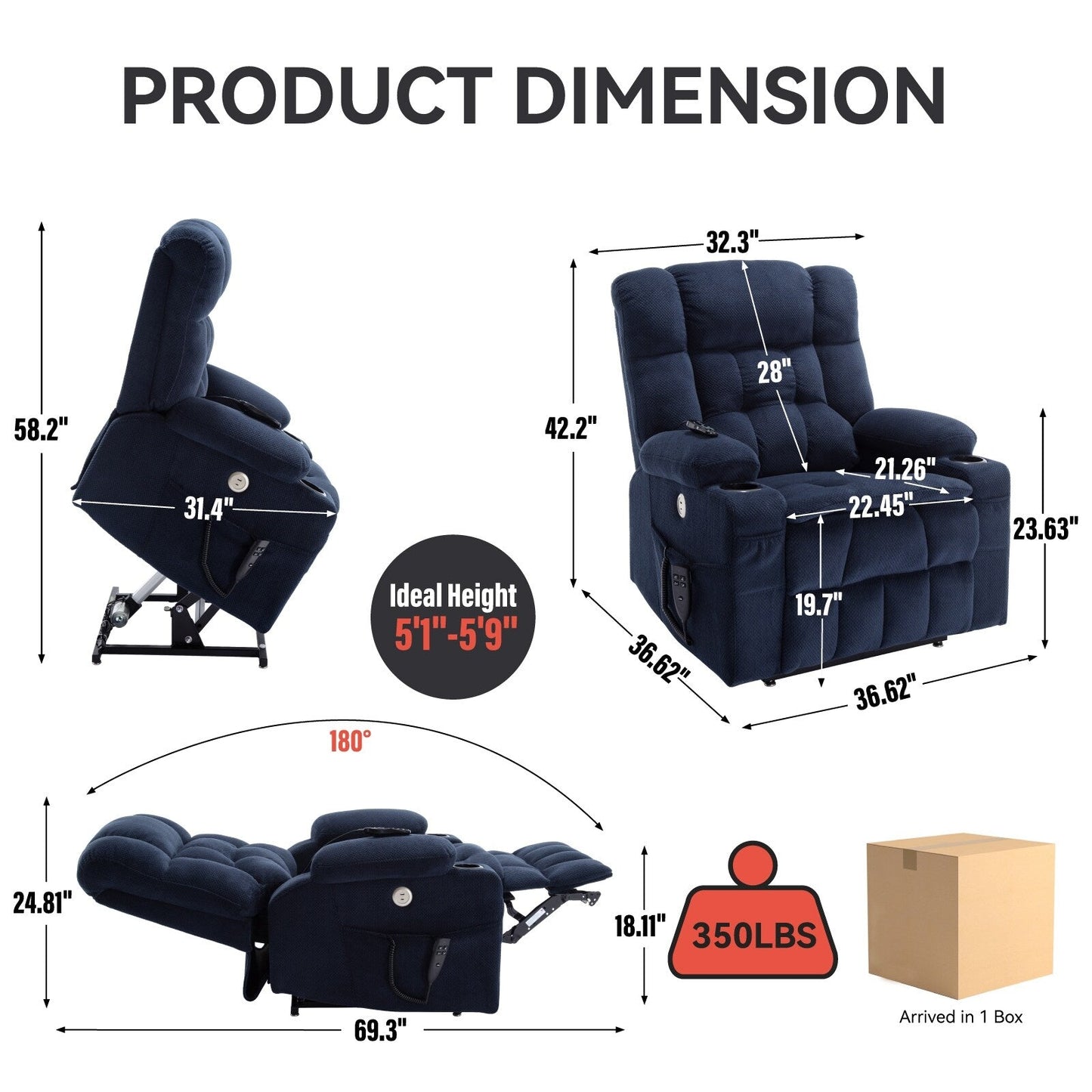 Dual Motor Infinite Position Power Lift Recliner Heavy Duty Motion Mechanism with Lumbar Heat, Cup Holders and Side Pockets