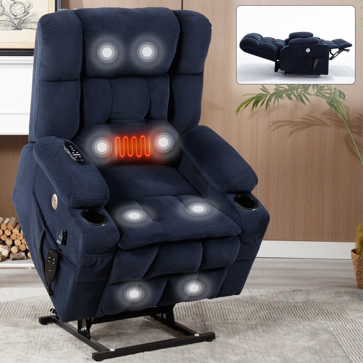 Dual Motor Infinite Position Power Lift Recliner Heavy Duty Motion Mechanism with Lumbar Heat, Cup Holders and Side Pockets