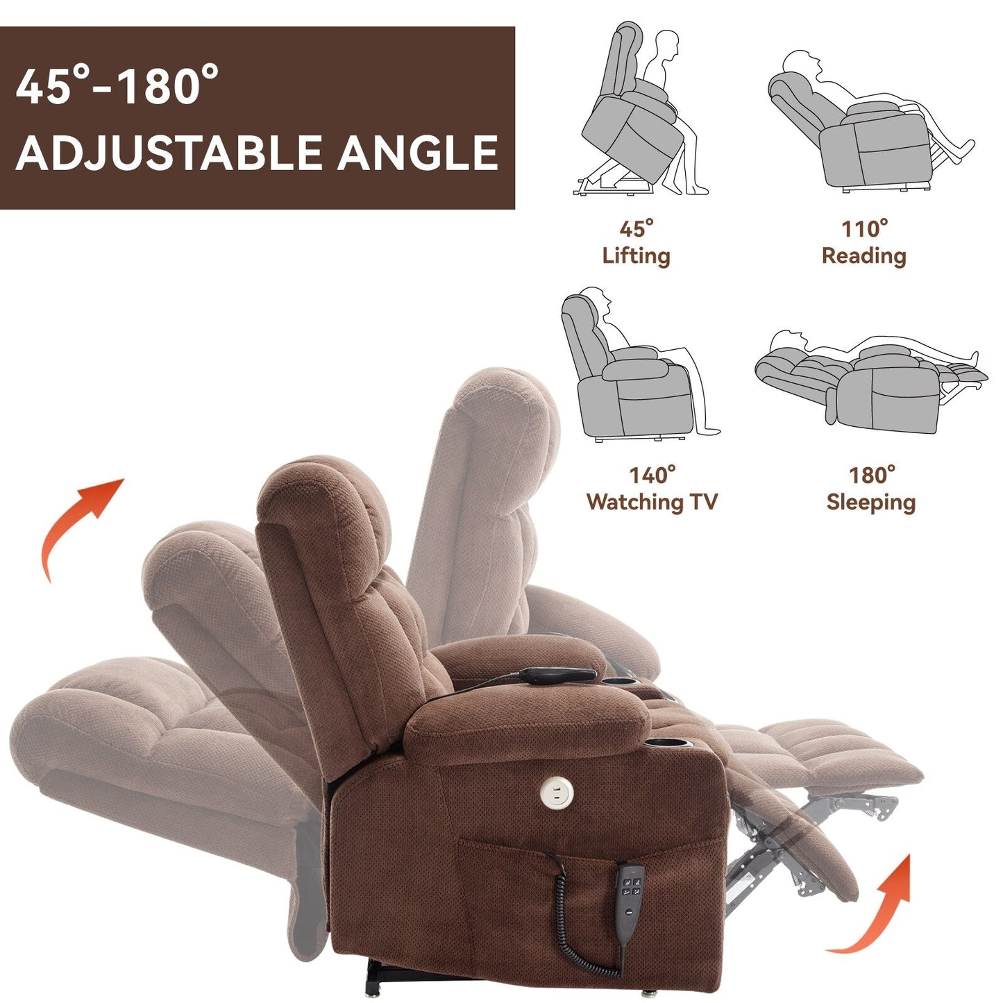 Dual Motor Infinite Position Power Lift Recliner Heavy Duty Motion Mechanism with Lumbar Heat, Cup Holders and Side Pockets