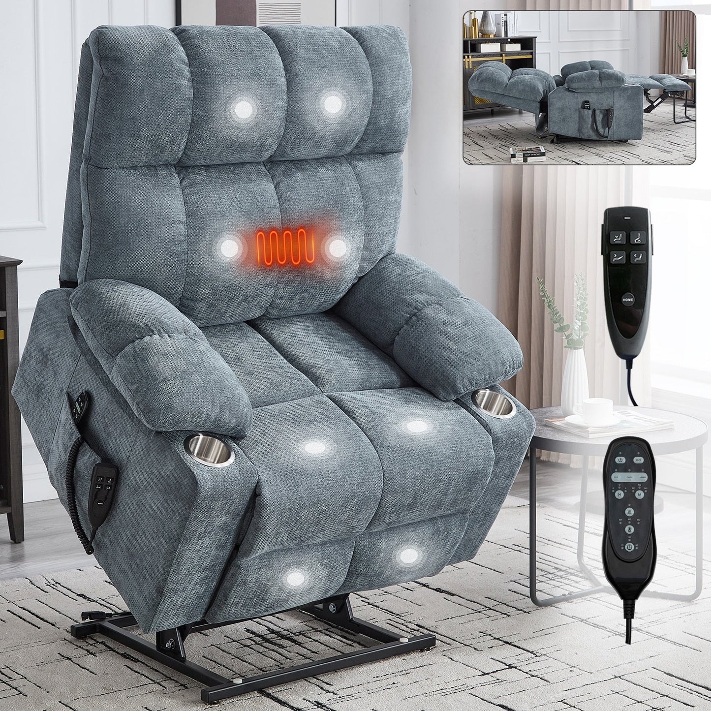 Dual Motor Infinite Position Power Lift Recliner, with 8-Point Vibration Massage and Lumbar Heating,Dual Cup Holders