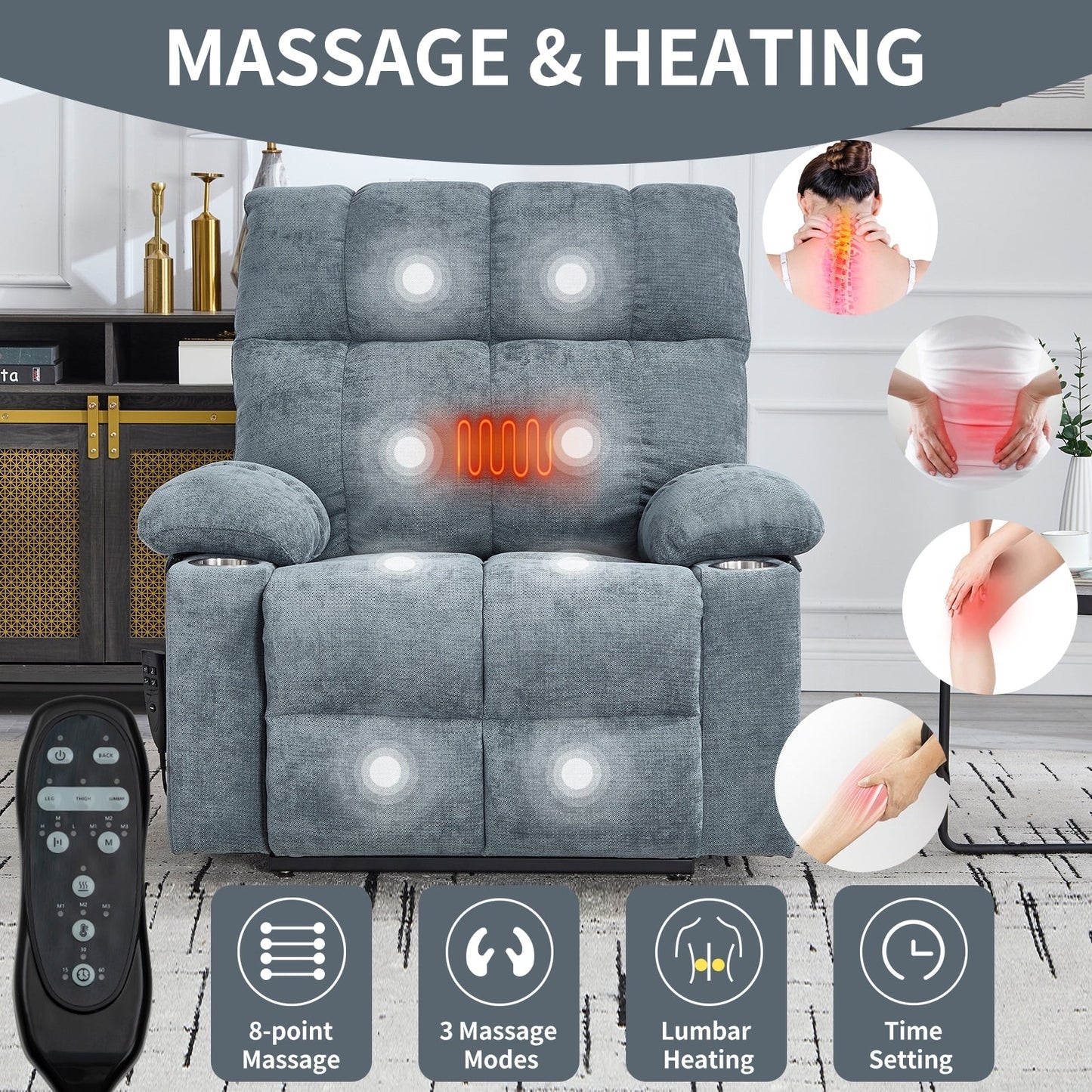 Dual Motor Infinite Position Power Lift Recliner, with 8-Point Vibration Massage and Lumbar Heating,Dual Cup Holders