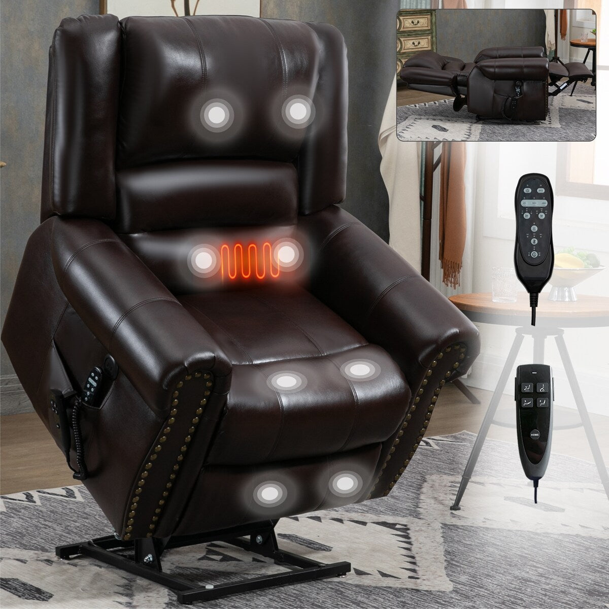 Dual Motor Power Lift Chair, Massage  Heat, USB Ports, PU Leather