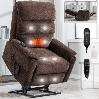 Dual Motor Power Lift Recliner Upholstery Armchair Heat Massage Sofa with Timer Control and Side Pockets, Power Remote