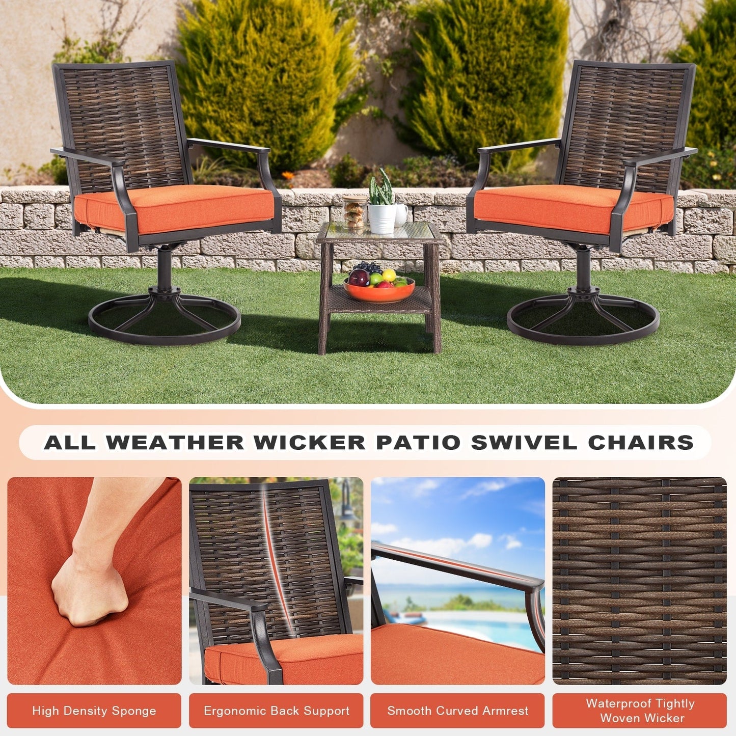 EROMMY Swivel Patio Dining Chairs Set of 2, Outdoor Wicker Aluminum Swivel ChairSwivel Rocker with All-Weather Aluminum Frame