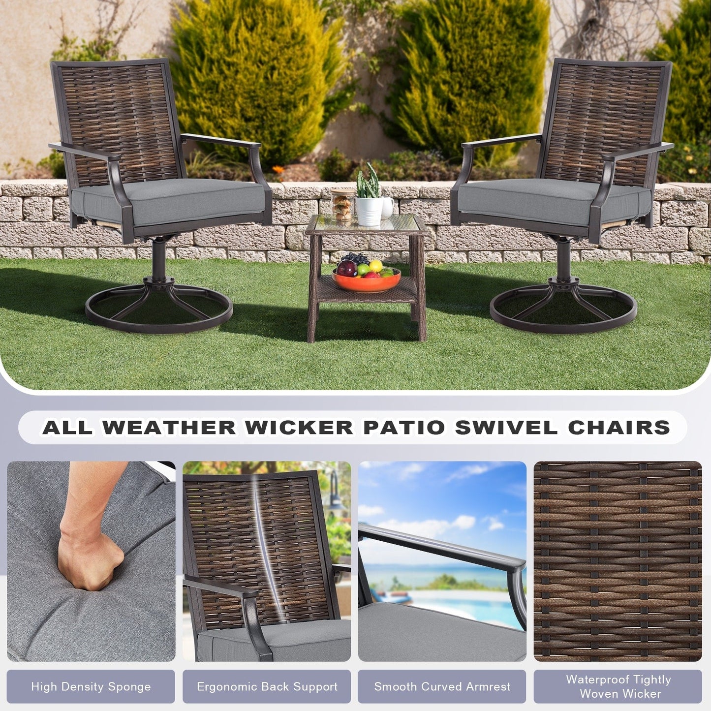 EROMMY Swivel Patio Dining Chairs Set of 2, Outdoor Wicker Aluminum Swivel ChairSwivel Rocker with All-Weather Aluminum Frame