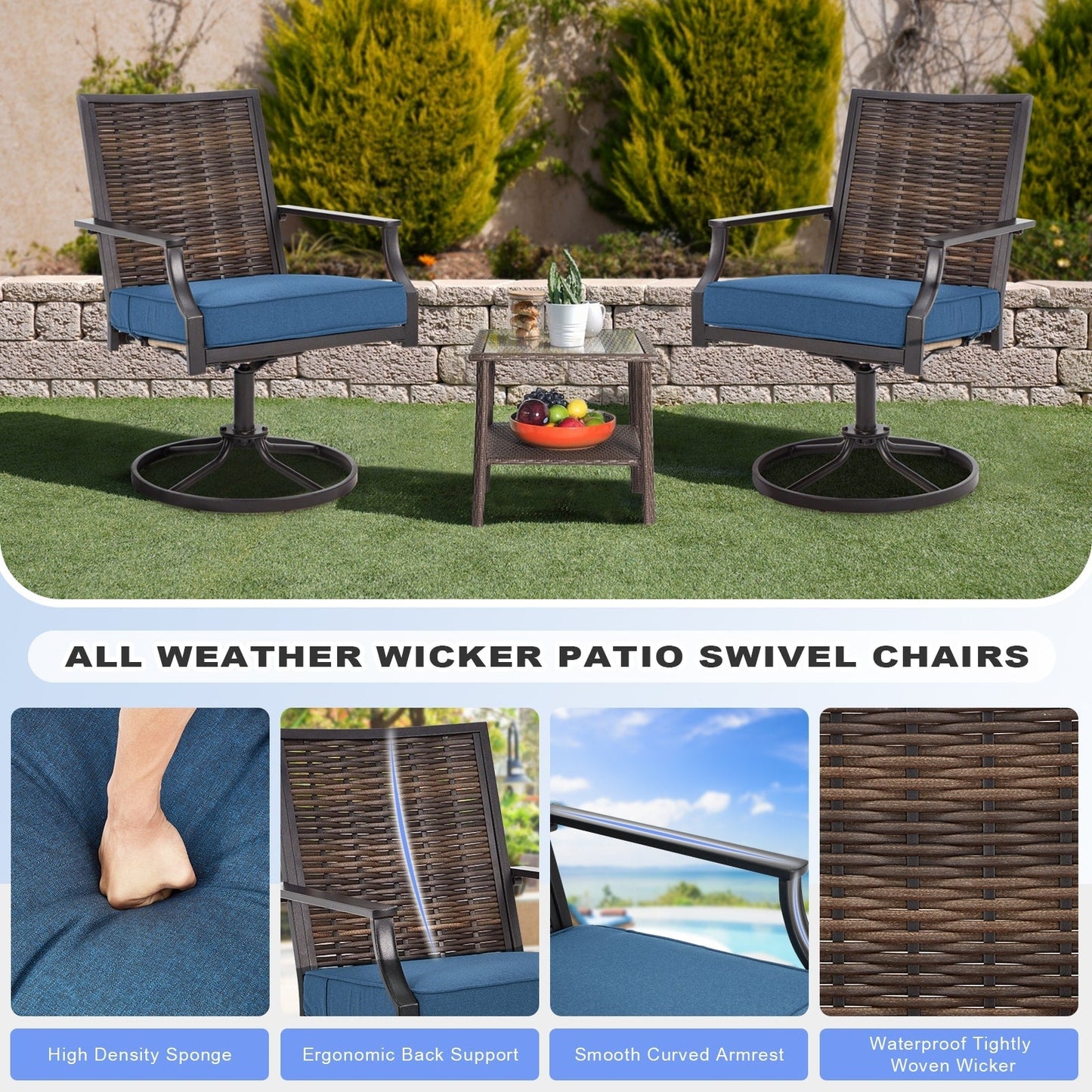 EROMMY Swivel Patio Dining Chairs Set of 2, Outdoor Wicker Aluminum Swivel ChairSwivel Rocker with All-Weather Aluminum Frame