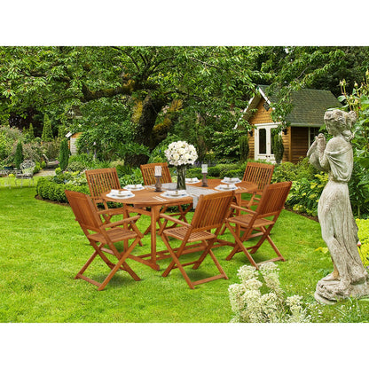 East West Furniture Outdoor Patio Dining Sets- an Oval Acacia Wood Table and Folding Arm Chairs, Natural Oil (Pieces Options)