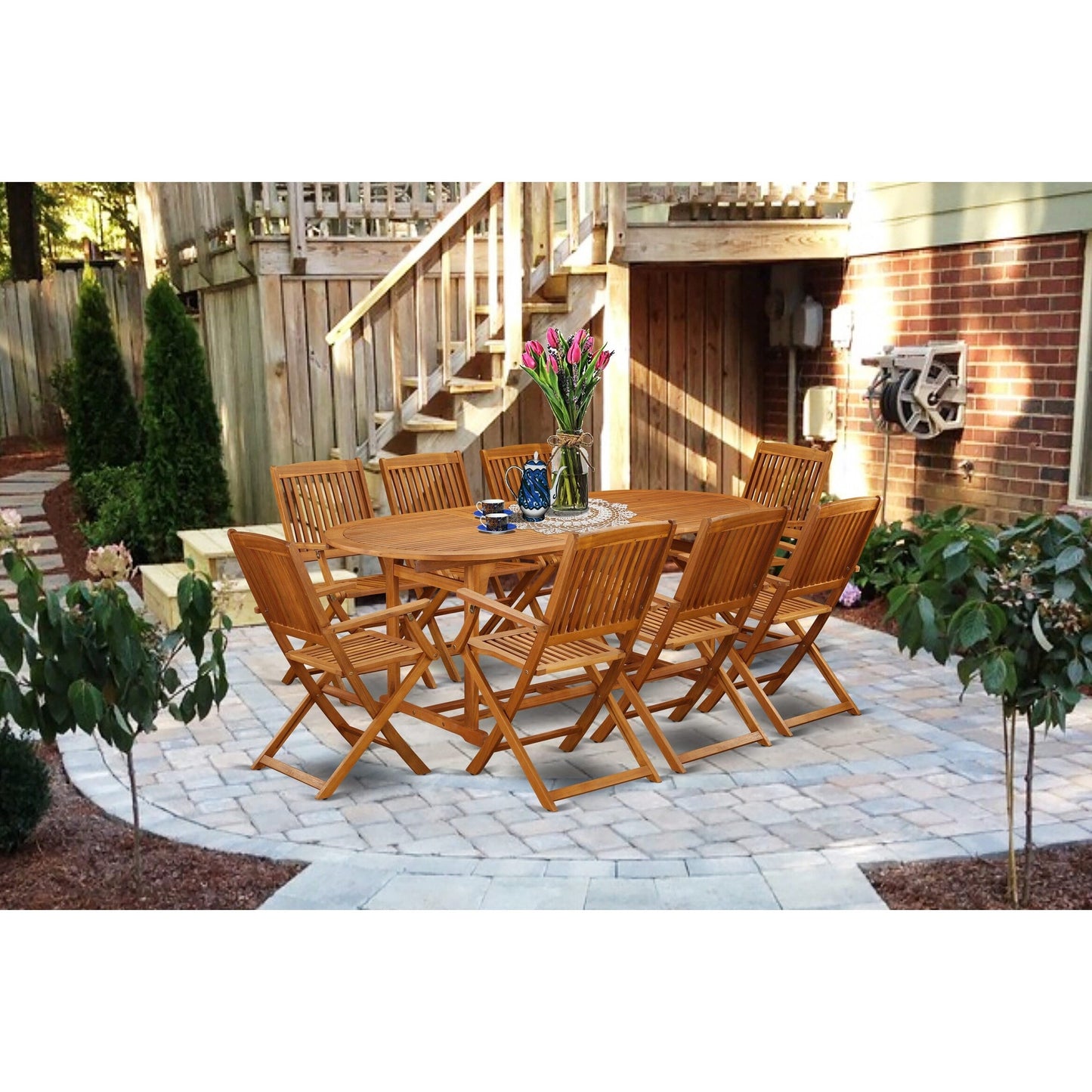 East West Furniture Outdoor Patio Dining Sets- an Oval Acacia Wood Table and Folding Arm Chairs, Natural Oil (Pieces Options)