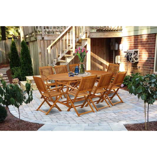 East West Furniture Outdoor Patio Dining Sets- an Oval Acacia Wood Table and Folding Arm Chairs, Natural Oil (Pieces Options)