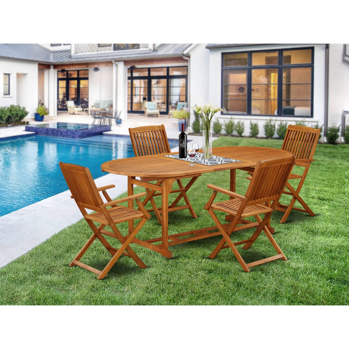 East West Furniture Outdoor Patio Dining Sets- an Oval Acacia Wood Table and Folding Arm Chairs, Natural Oil (Pieces Options)