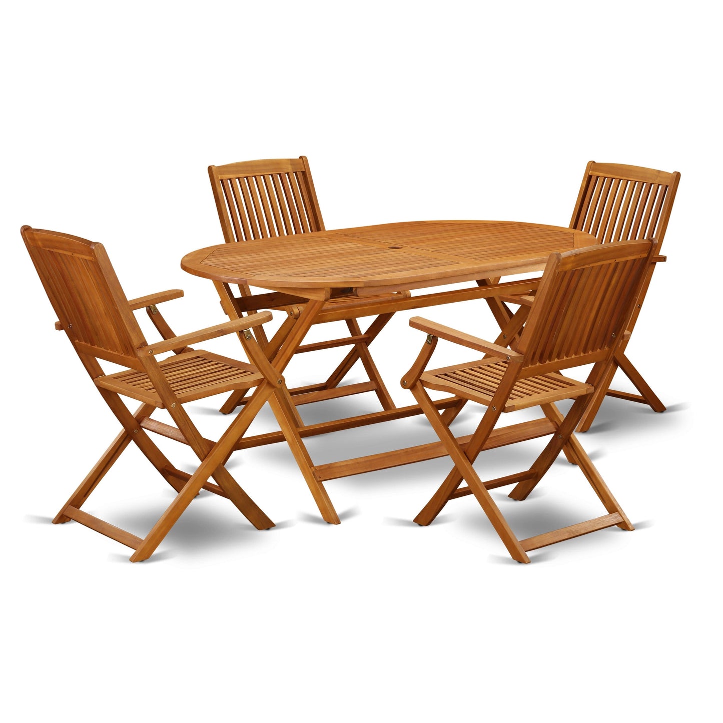 East West Furniture Patio Bistro Dining Furniture Set- Acacia Wood Table and 4 Folding Arm Chairs, Natural Oil (Pieces Options)