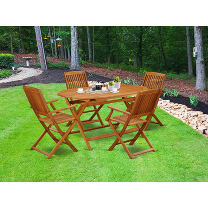 East West Furniture Patio Bistro Dining Furniture Set- Acacia Wood Table and 4 Folding Arm Chairs, Natural Oil (Pieces Options)