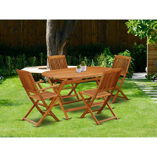 East West Furniture Patio Table Set- Acacia Wood Table and Folding Arm Chairs with Side Chairs, Natural Oil (Pieces Options)