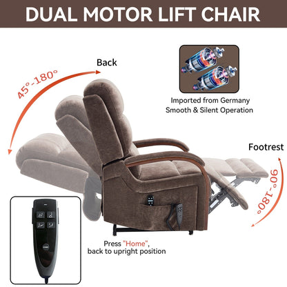 Electric Chenille Lift Recliner with Dual Motors, Infinite Recline Positions, Heat & 8-Point Massage, Solid Wood Armrests