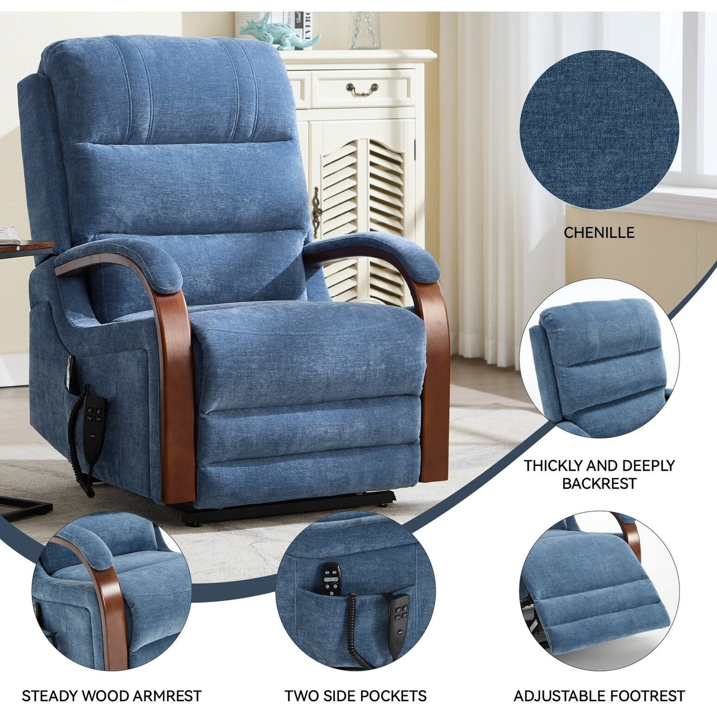 Electric Chenille Lift Recliner with Dual Motors, Infinite Recline Positions, Heat & 8-Point Massage, Solid Wood Armrests