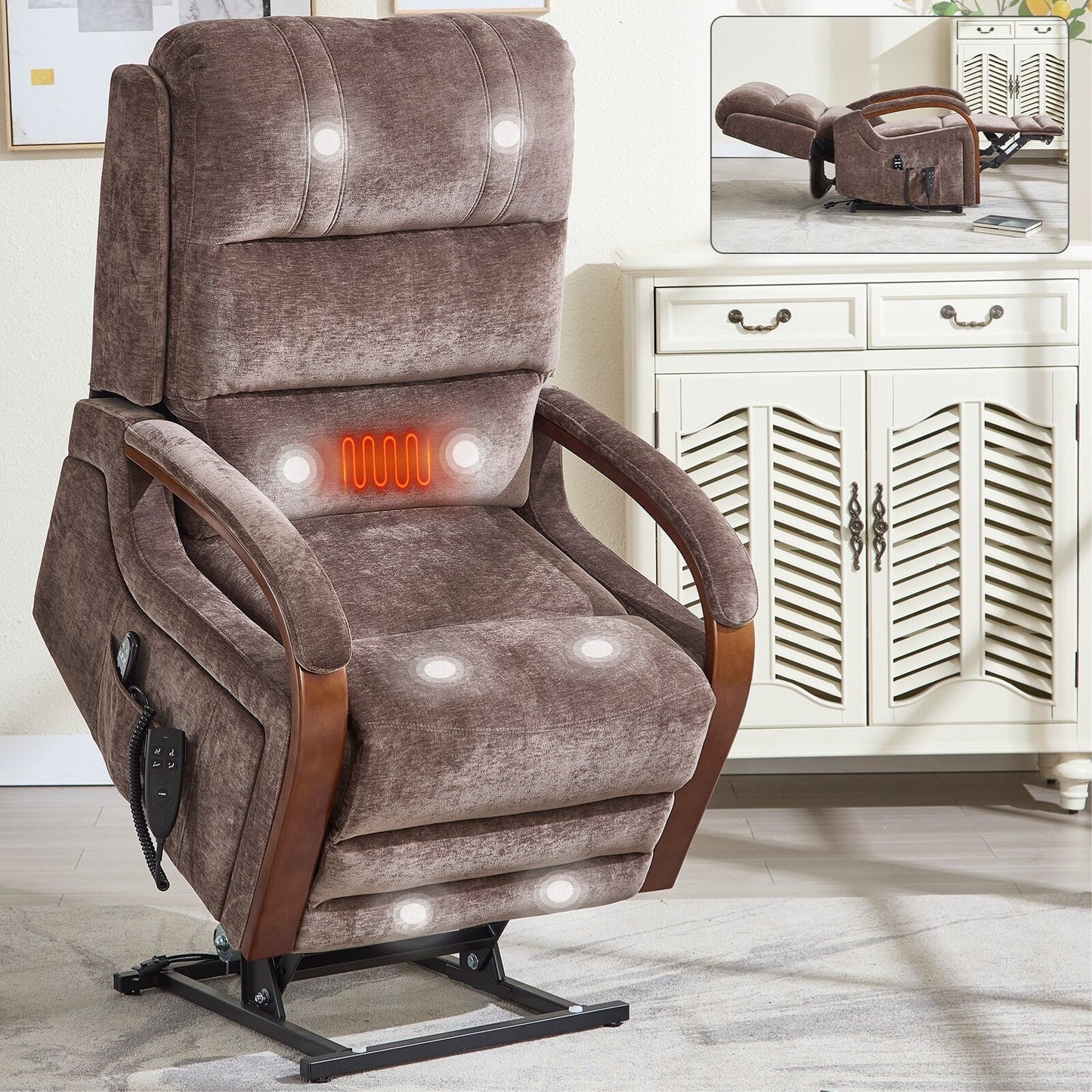 Electric Chenille Lift Recliner with Dual Motors, Infinite Recline Positions, Heat & 8-Point Massage, Solid Wood Armrests